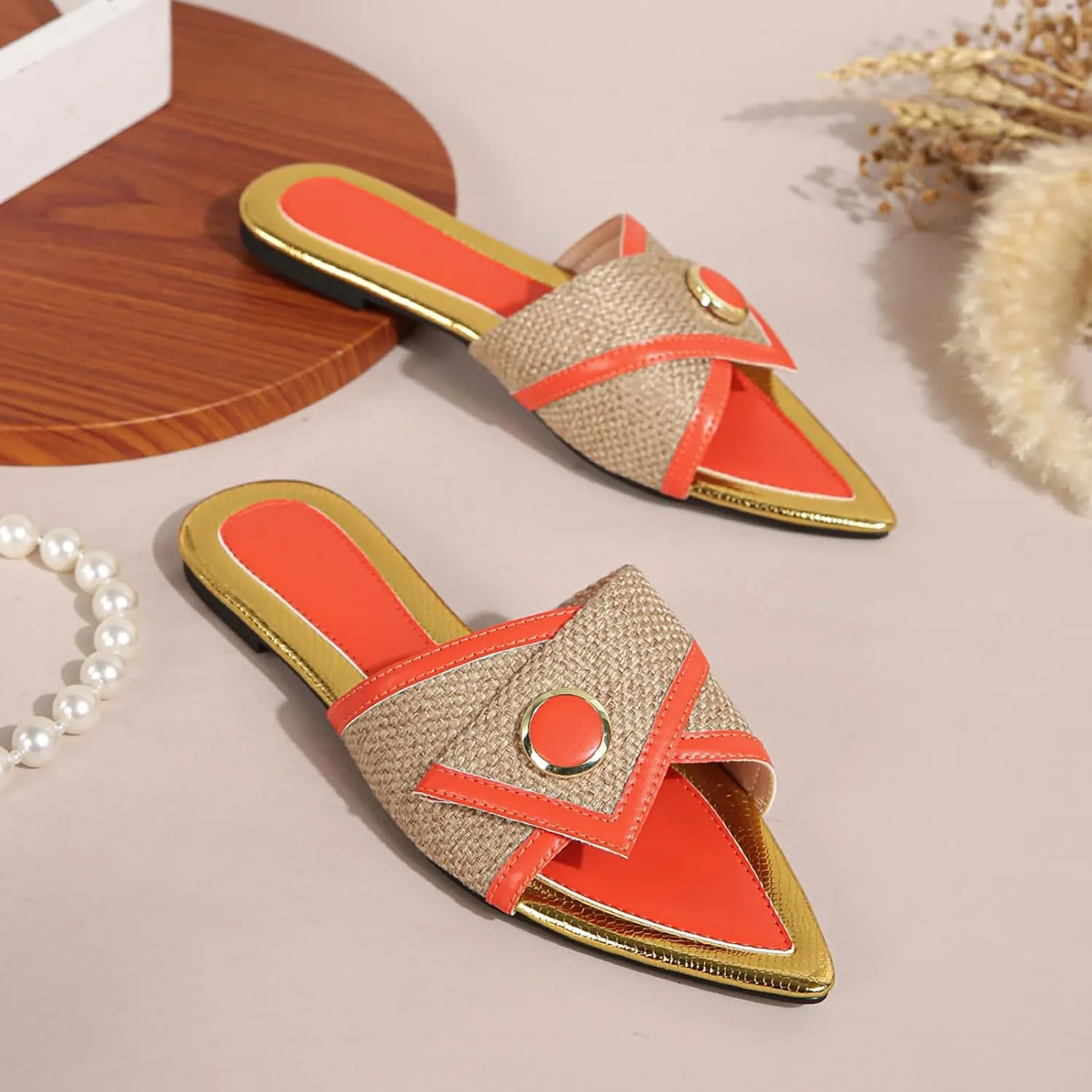 Women'S Leather Stitching Pointed Open Toe Flat Slide Sandals Fashion Flax Buttons Decor Slip-On Sexy Boho Summer Casual Beach Party Evening Dress Slipper Shoes