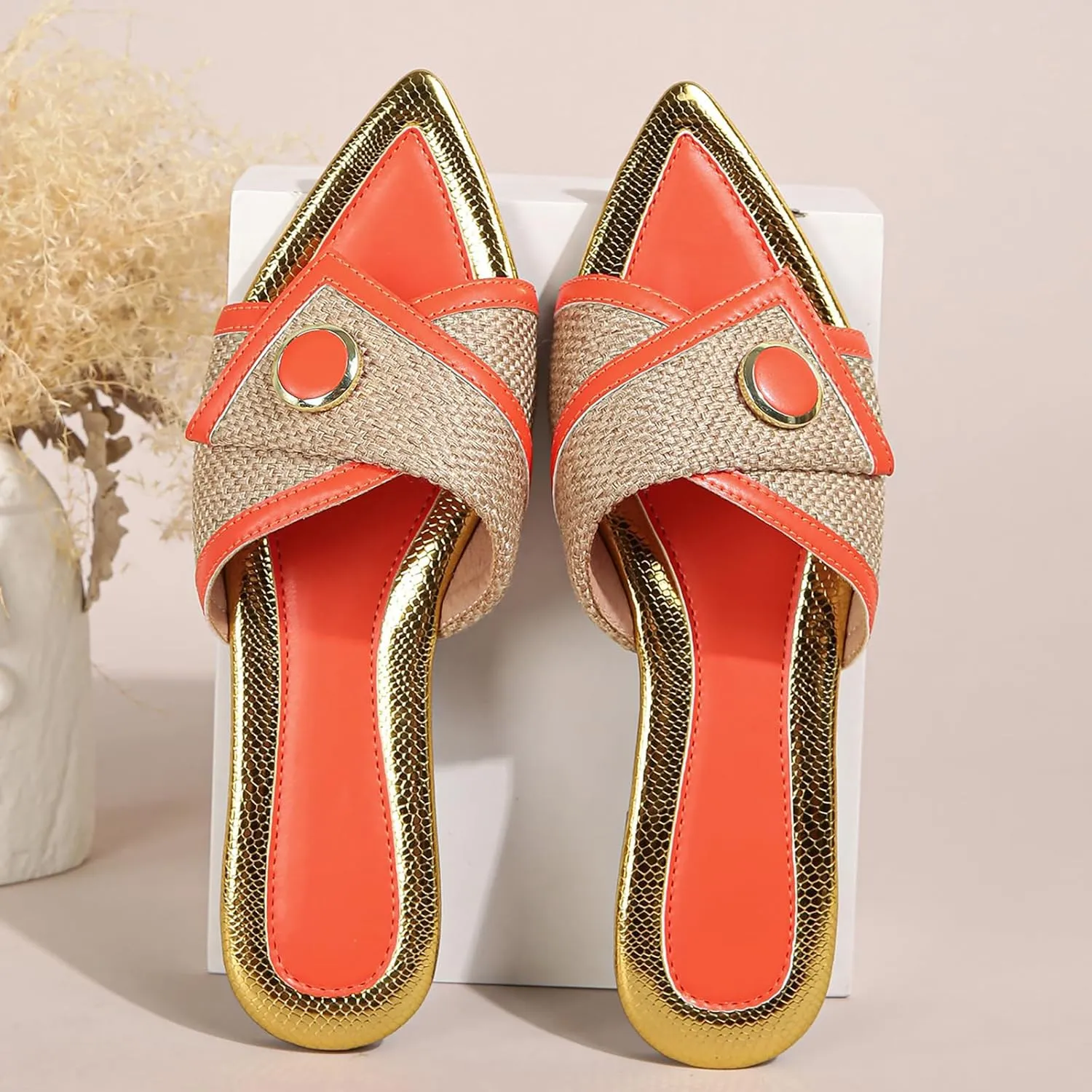 Women'S Leather Stitching Pointed Open Toe Flat Slide Sandals Fashion Flax Buttons Decor Slip-On Sexy Boho Summer Casual Beach Party Evening Dress Slipper Shoes