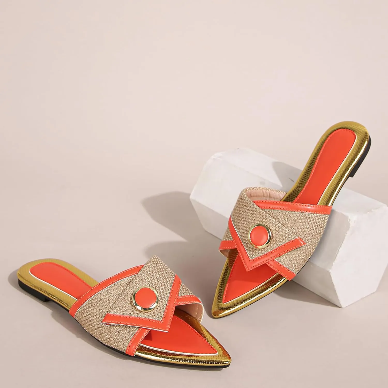 Women'S Leather Stitching Pointed Open Toe Flat Slide Sandals Fashion Flax Buttons Decor Slip-On Sexy Boho Summer Casual Beach Party Evening Dress Slipper Shoes