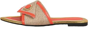 Women'S Leather Stitching Pointed Open Toe Flat Slide Sandals Fashion Flax Buttons Decor Slip-On Sexy Boho Summer Casual Beach Party Evening Dress Slipper Shoes