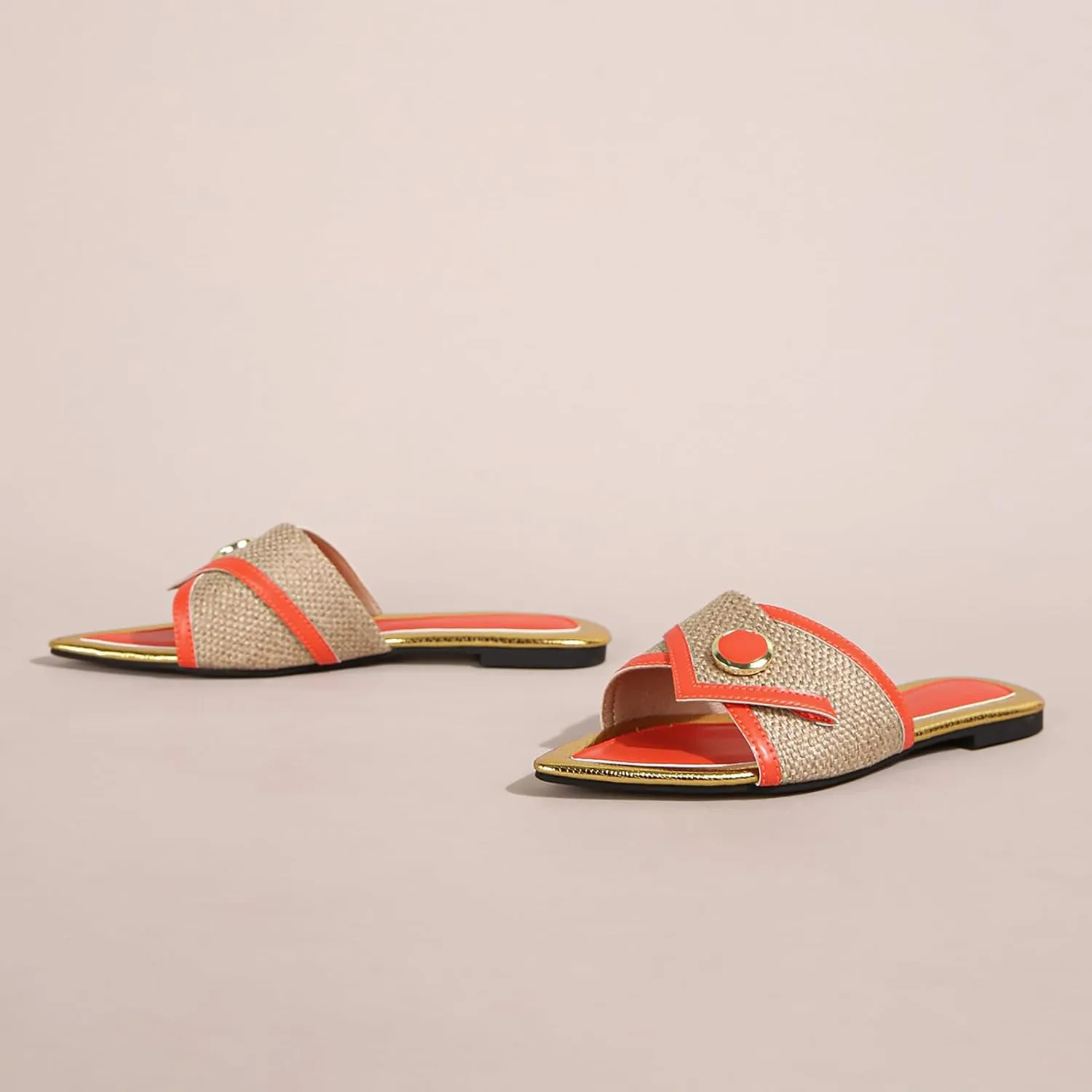 Women'S Leather Stitching Pointed Open Toe Flat Slide Sandals Fashion Flax Buttons Decor Slip-On Sexy Boho Summer Casual Beach Party Evening Dress Slipper Shoes