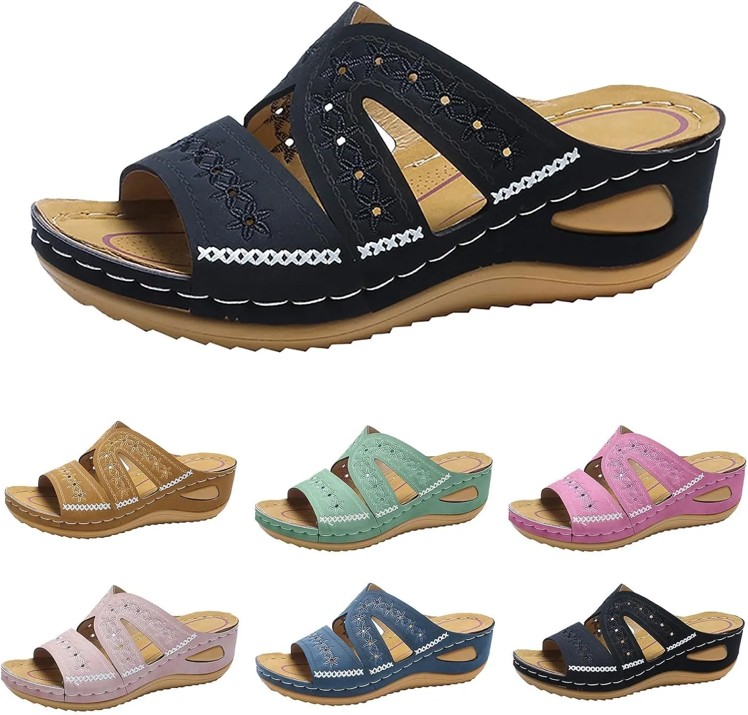 Women's Orthopedic Flat Sandals, Black, Size 7, Ankle Strap, Casual, Platform Heel