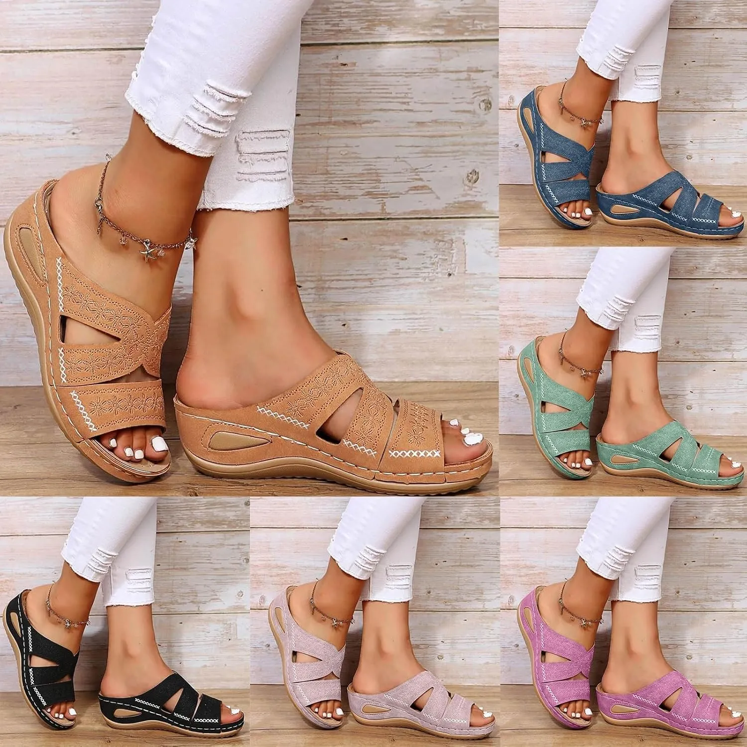 Women's Orthopedic Flat Sandals, Black, Size 7, Ankle Strap, Casual, Platform Heel