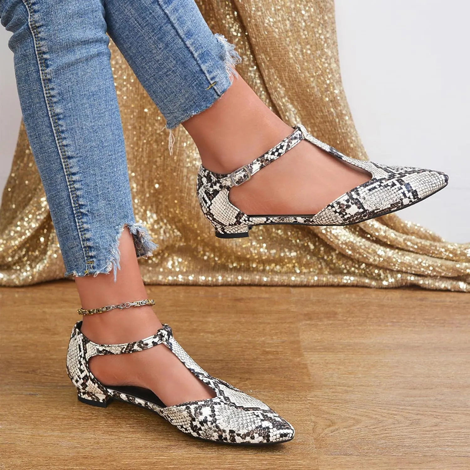 Women's Pointed Toe Flats Wide T-Strap Adjustable Flat Shoes Slip on Comfortable Dressy Shoes for Date Home Office