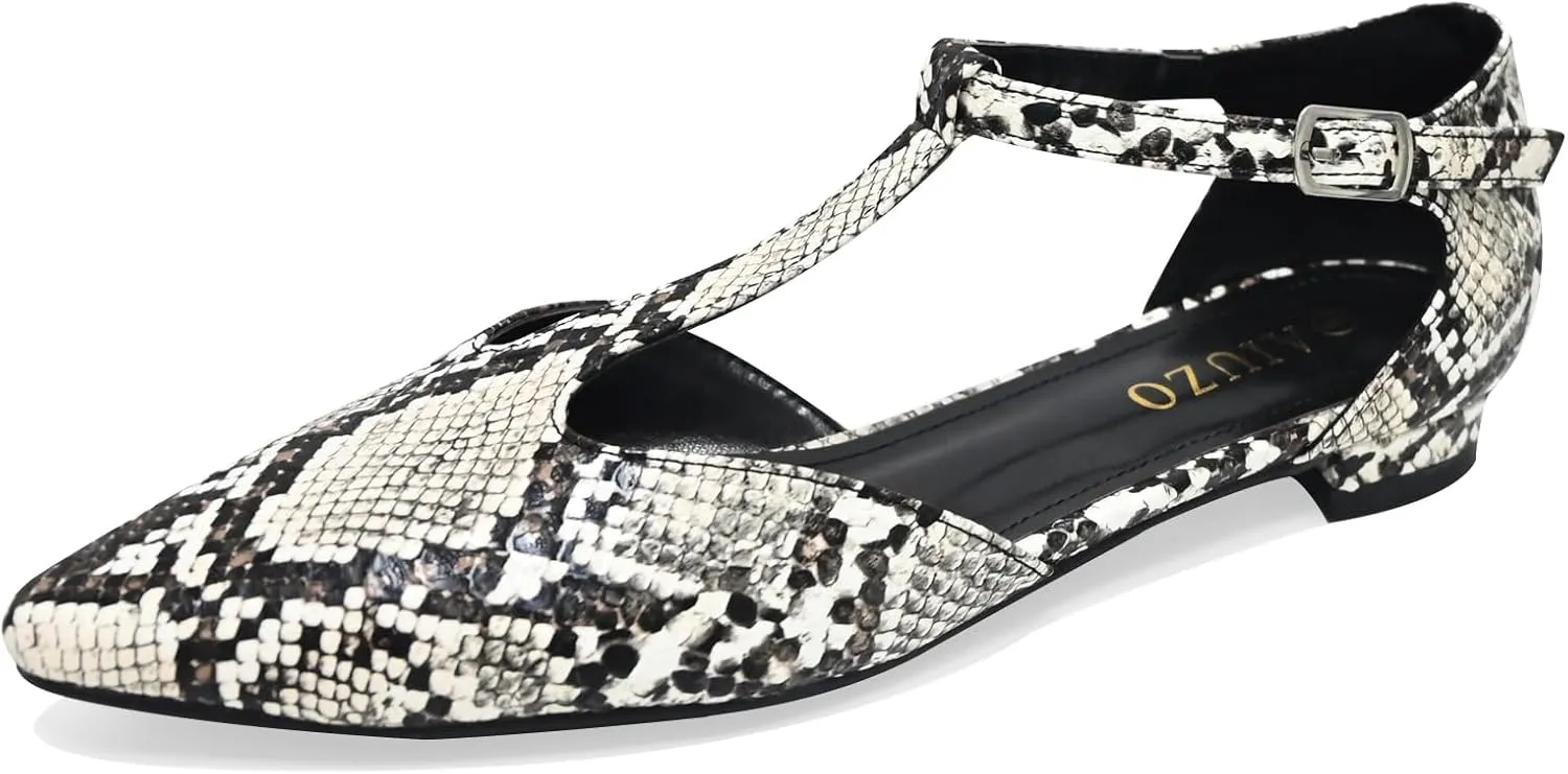 Women's Pointed Toe Flats Wide T-Strap Adjustable Flat Shoes Slip on Comfortable Dressy Shoes for Date Home Office