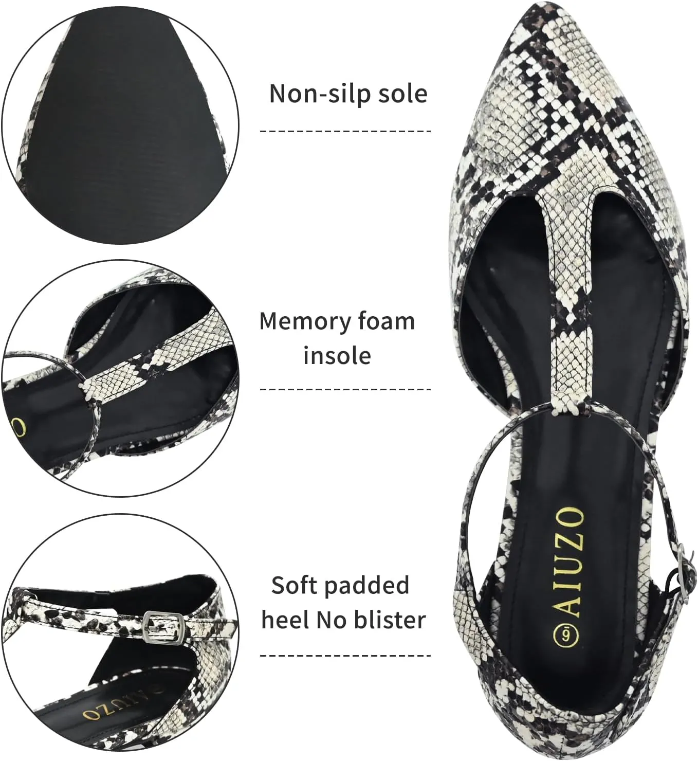 Women's Pointed Toe Flats Wide T-Strap Adjustable Flat Shoes Slip on Comfortable Dressy Shoes for Date Home Office