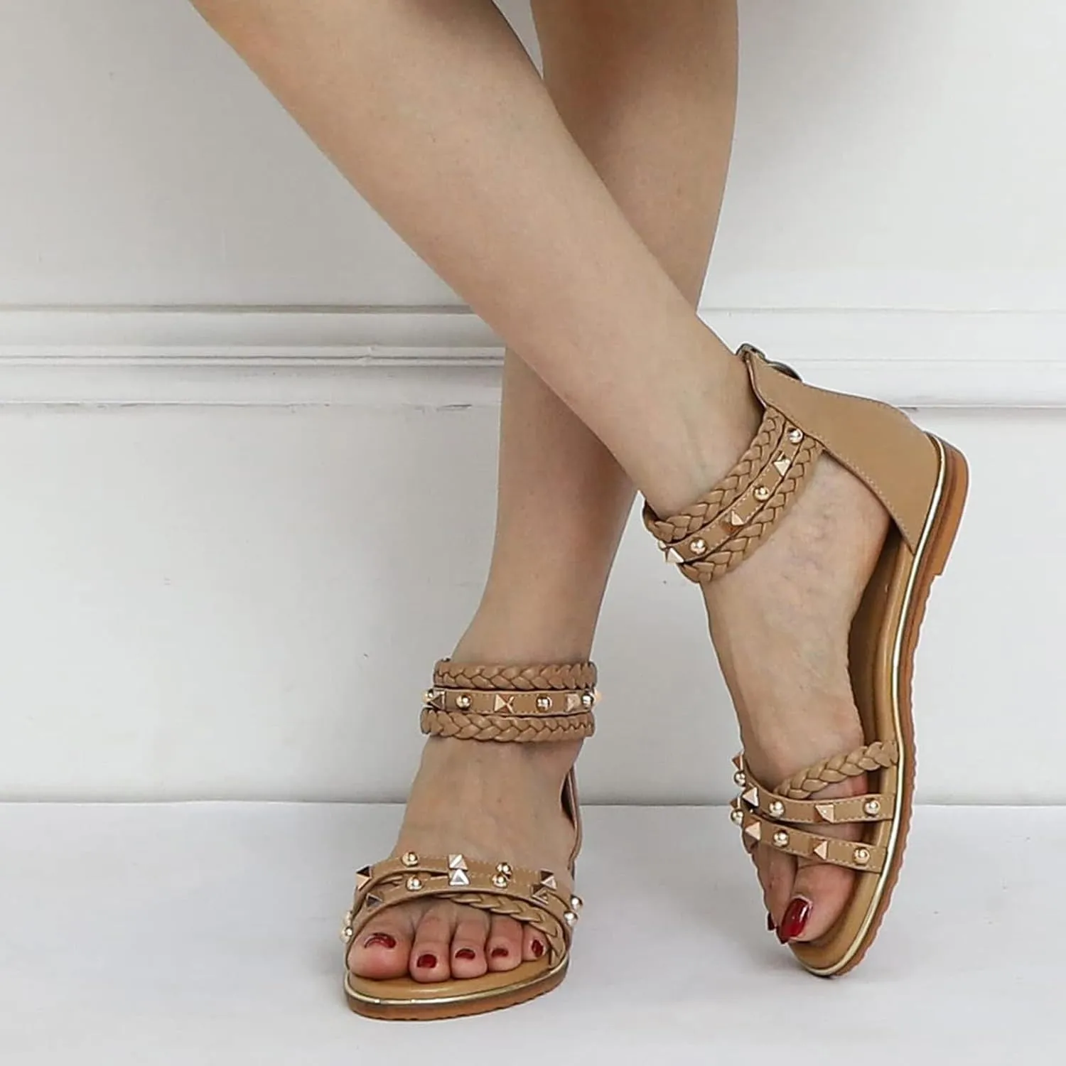 Women's Rivet Strappy Open Toe Flat Sandals,Summer Braid Ankle Strap Beach Flat Gladiator Sandals Fashion Back Zipper Casual Roman Shoes