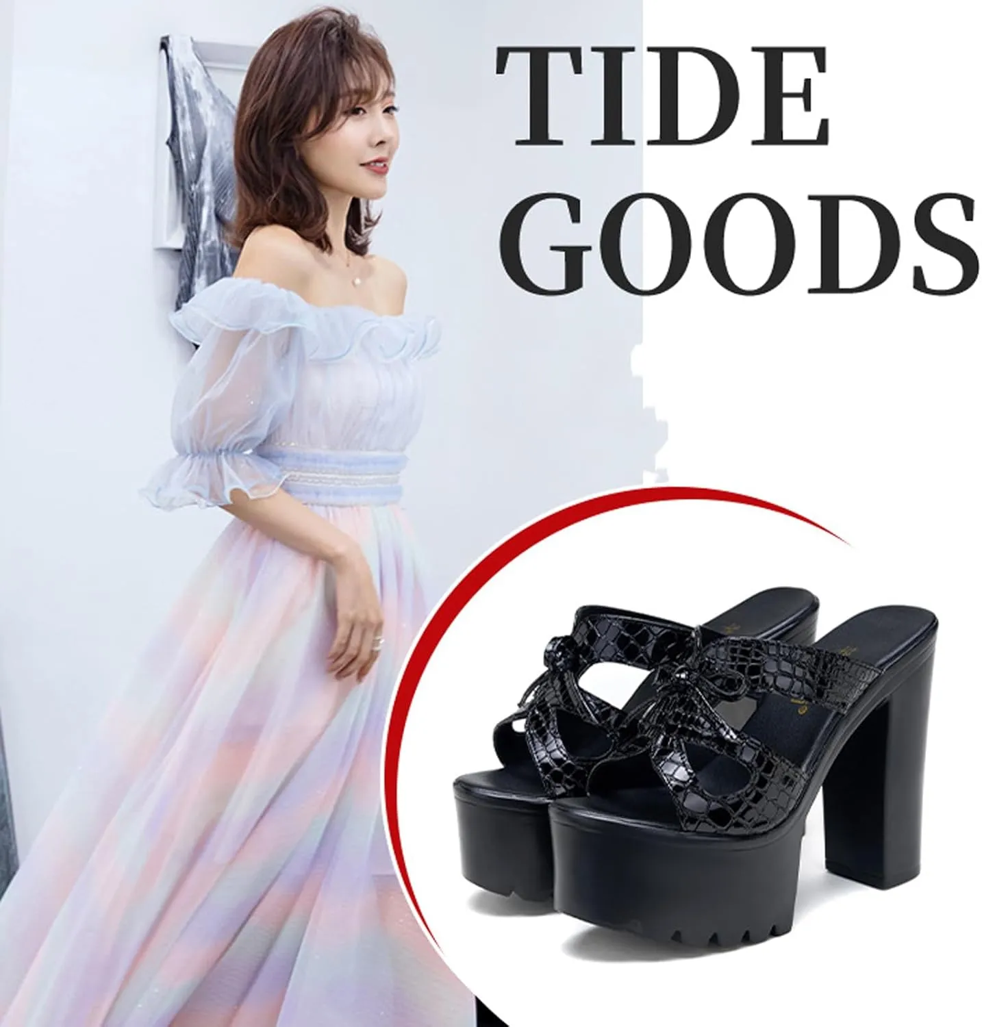 Women's Textured Platform Block High Heel Mule Sandals Sexy Open Toe Bowknot Non-Slip Height Increased Party Evening Formal Slip-On Sandals