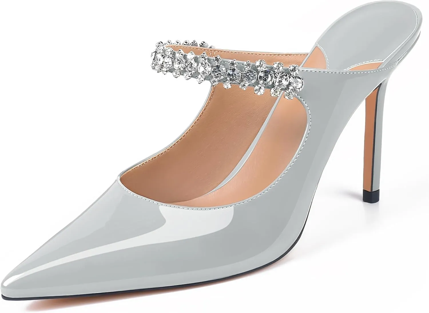 XINIUNIU Heeled Mules for Women Rhinestone Heels Pointed Toe Slip On 4 Inch Stiletto Closed Toe Sandals Dress Wedding Pump Shoes
