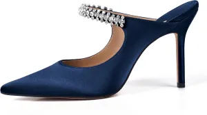 XINIUNIU Heeled Mules for Women Rhinestone Heels Pointed Toe Slip On 4 Inch Stiletto Closed Toe Sandals Dress Wedding Pump Shoes