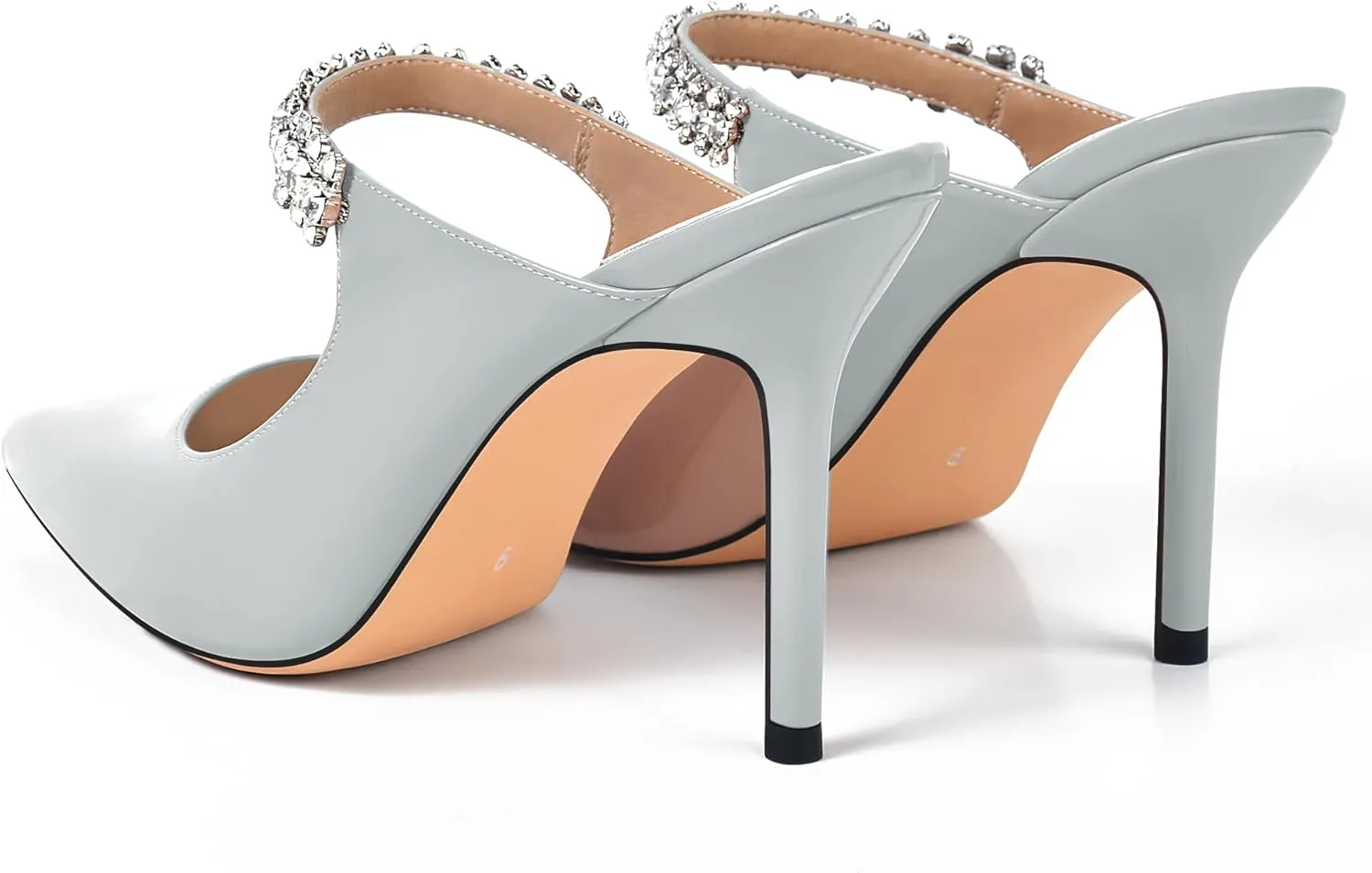 XINIUNIU Heeled Mules for Women Rhinestone Heels Pointed Toe Slip On 4 Inch Stiletto Closed Toe Sandals Dress Wedding Pump Shoes
