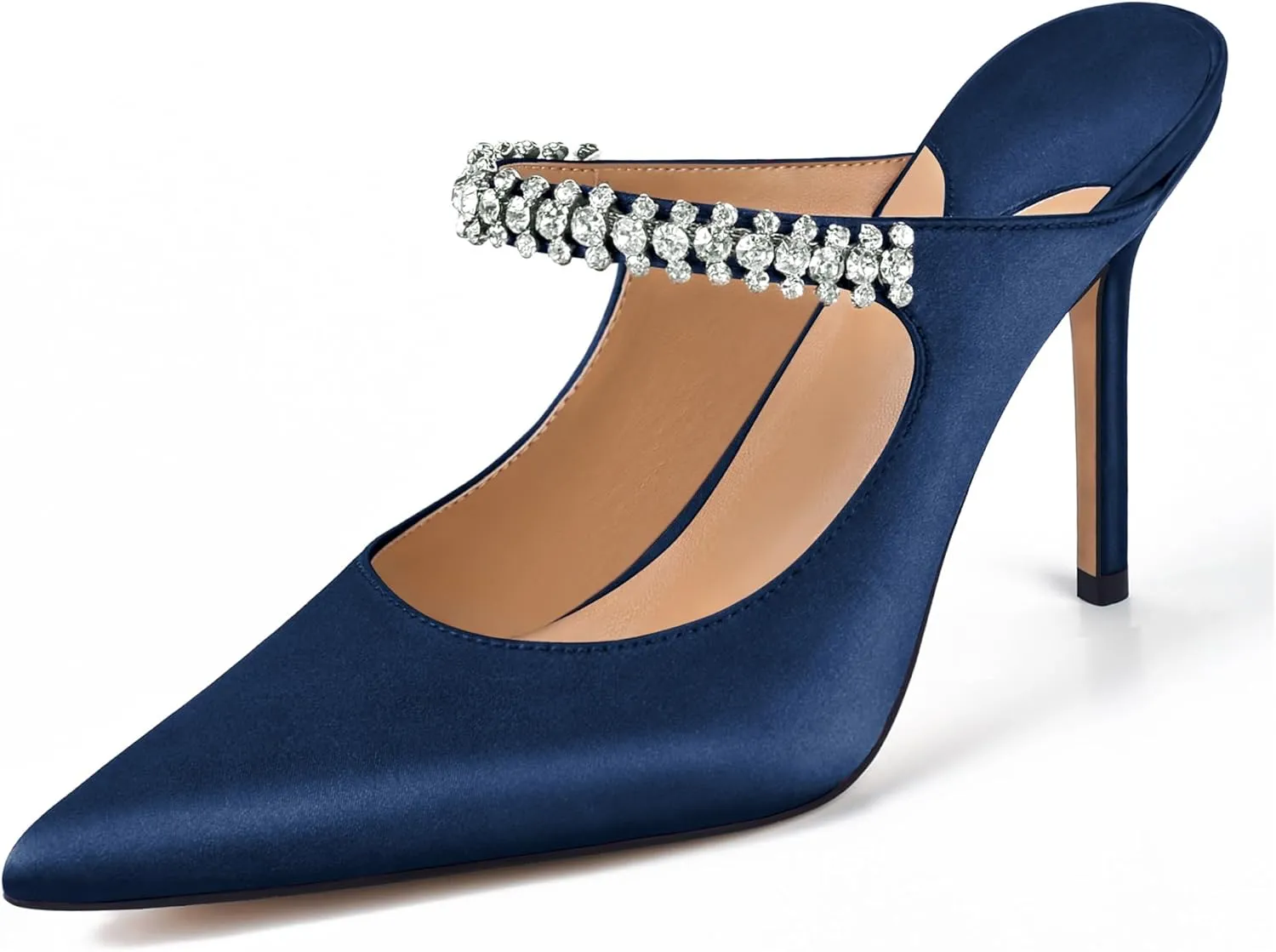 XINIUNIU Heeled Mules for Women Rhinestone Heels Pointed Toe Slip On 4 Inch Stiletto Closed Toe Sandals Dress Wedding Pump Shoes