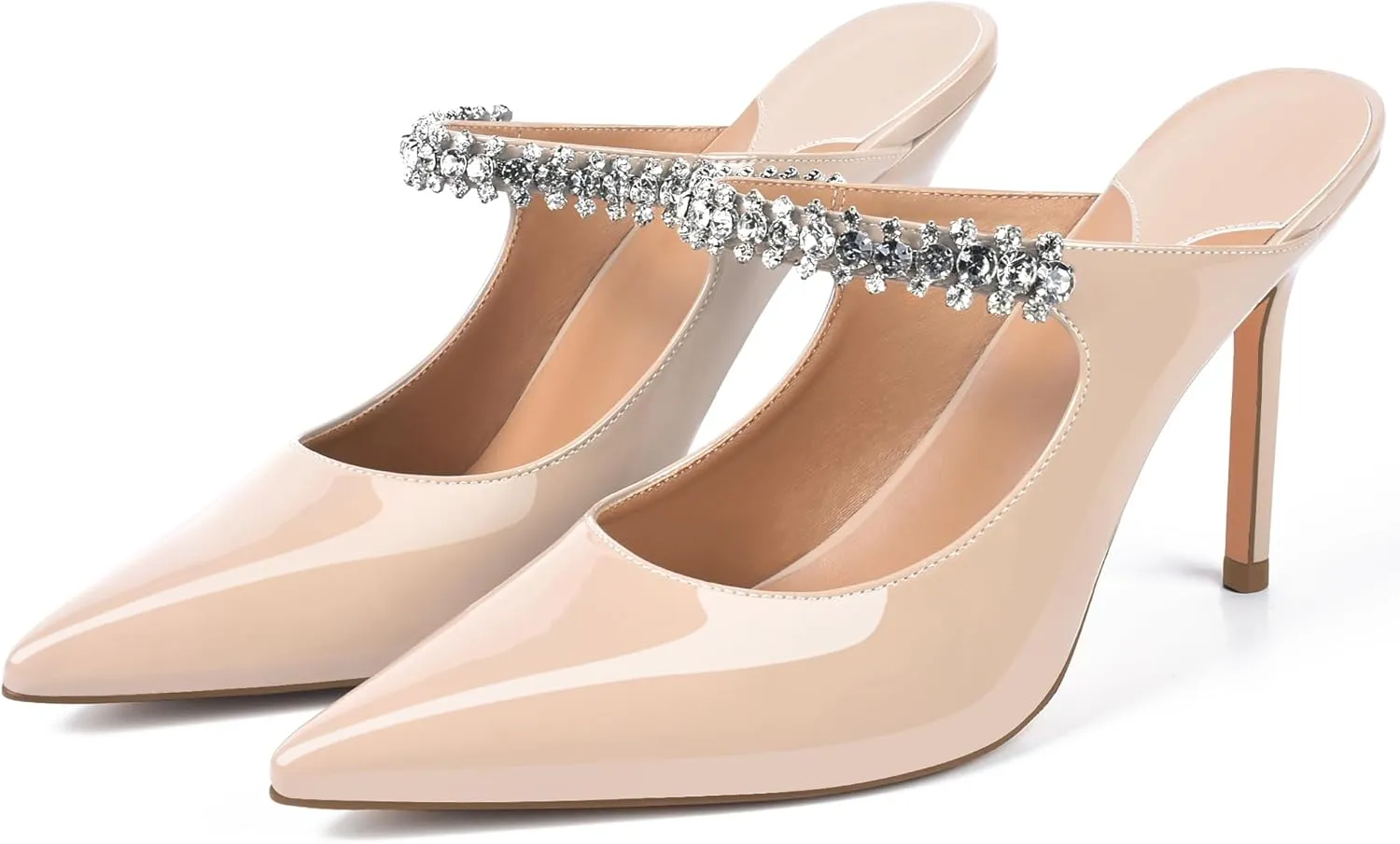 XINIUNIU Heeled Mules for Women Rhinestone Heels Pointed Toe Slip On 4 Inch Stiletto Closed Toe Sandals Dress Wedding Pump Shoes