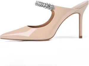 XINIUNIU Heeled Mules for Women Rhinestone Heels Pointed Toe Slip On 4 Inch Stiletto Closed Toe Sandals Dress Wedding Pump Shoes