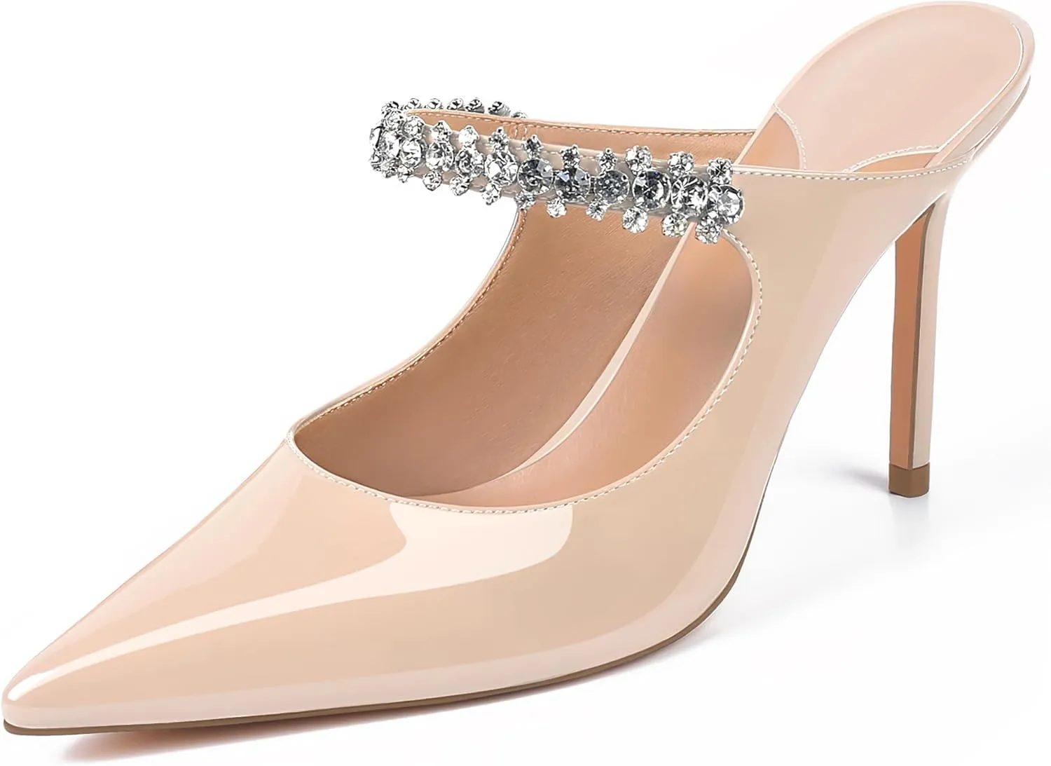 XINIUNIU Heeled Mules for Women Rhinestone Heels Pointed Toe Slip On 4 Inch Stiletto Closed Toe Sandals Dress Wedding Pump Shoes