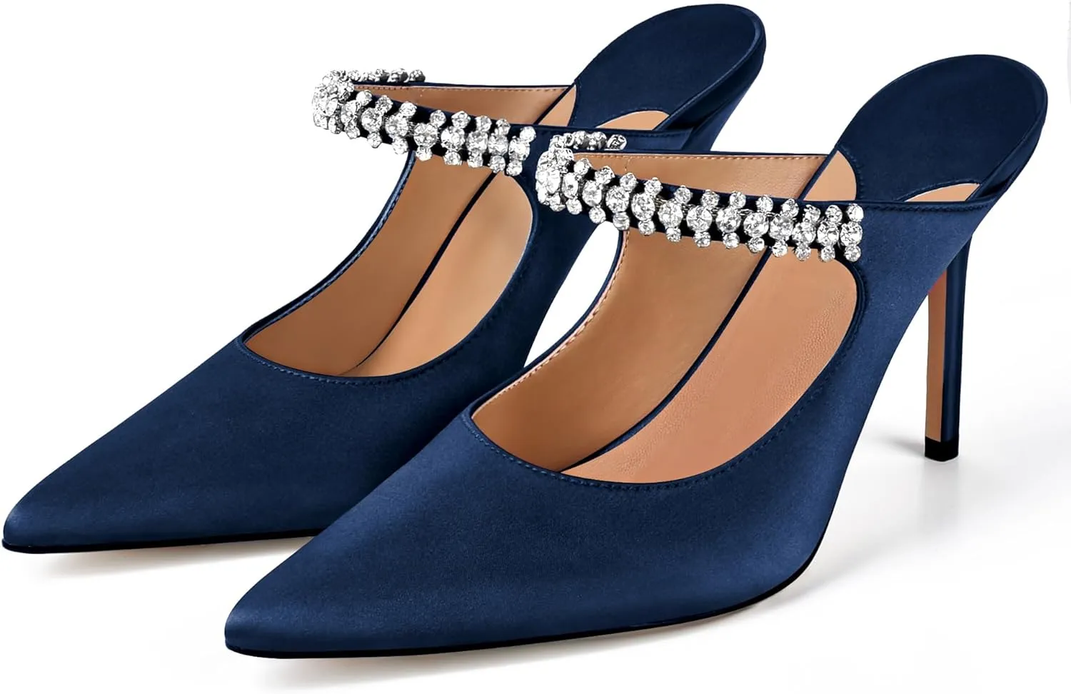 XINIUNIU Heeled Mules for Women Rhinestone Heels Pointed Toe Slip On 4 Inch Stiletto Closed Toe Sandals Dress Wedding Pump Shoes