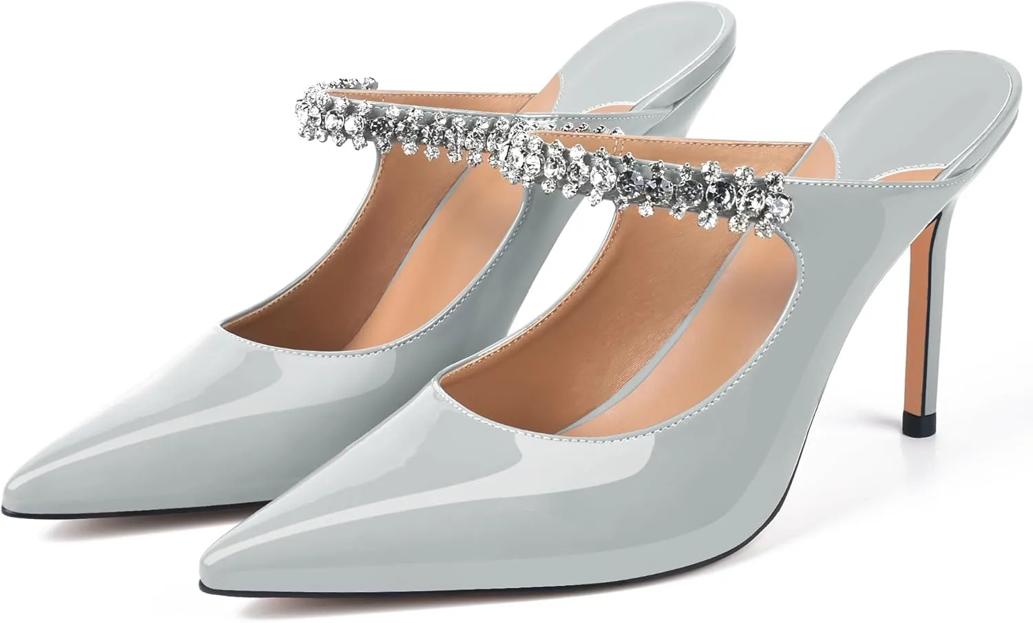XINIUNIU Heeled Mules for Women Rhinestone Heels Pointed Toe Slip On 4 Inch Stiletto Closed Toe Sandals Dress Wedding Pump Shoes