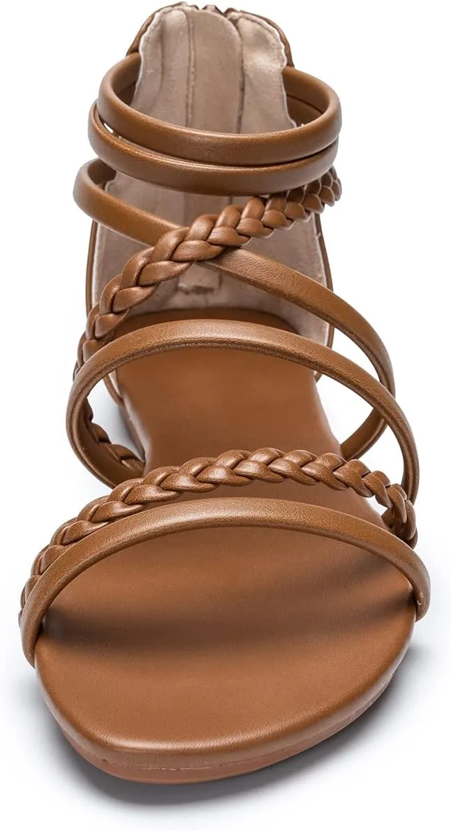youngshow Braided Strappy Sandals for Women Open Toe Dressy Summer Flat Sandals with Zip Closure