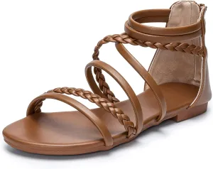 youngshow Braided Strappy Sandals for Women Open Toe Dressy Summer Flat Sandals with Zip Closure