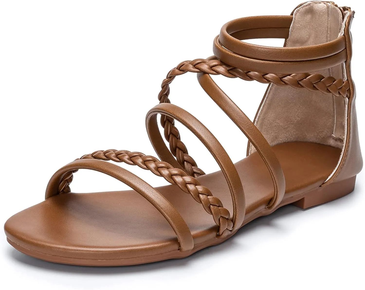 youngshow Braided Strappy Sandals for Women Open Toe Dressy Summer Flat Sandals with Zip Closure