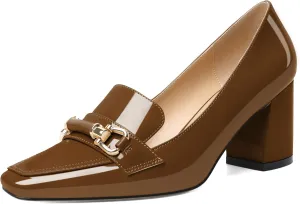 Zamikoo Block Heels for Women Closed Square Toe Metal Buckle Slip On Heeled Loafer Pumps Dress for Casual Work Daily Life Party 2.5 Inches