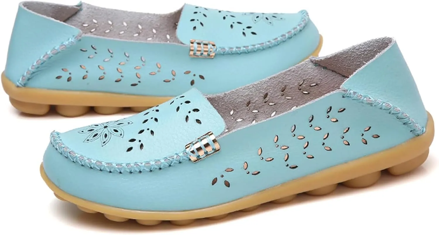 ZWRXW Leather Flats for Women Bohemian Hollow Out Comfort Walking Boat Shoe Summer Dressy Comfortable Breathable Flats Shoes Backless Round Toe Slip On Casual Sneakers Soft Nursing Work Shoes
